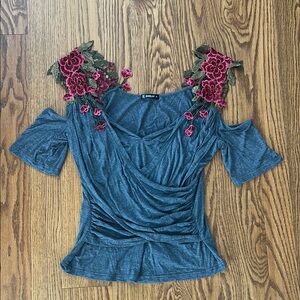 Sheilay Charcoal Top with Red Floral Embroidery